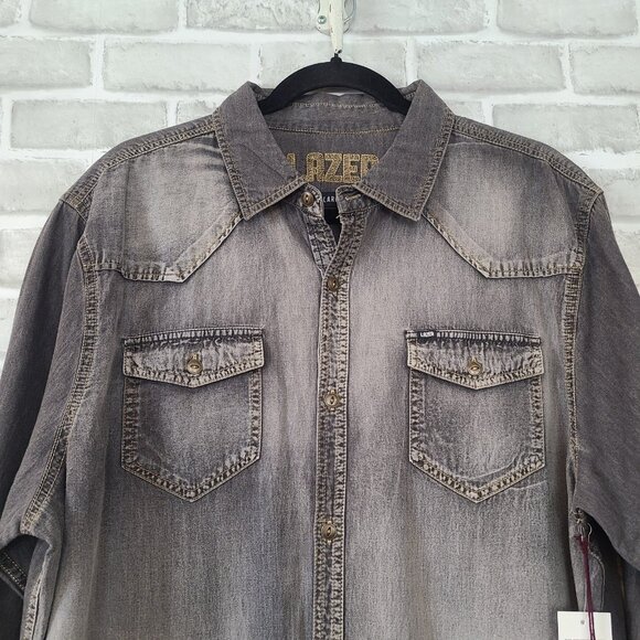 Lazer Charcoal Chambray Lightweight Denim Shirt NEW Mens Lg Western Streetwear - Picture 3 of 8
